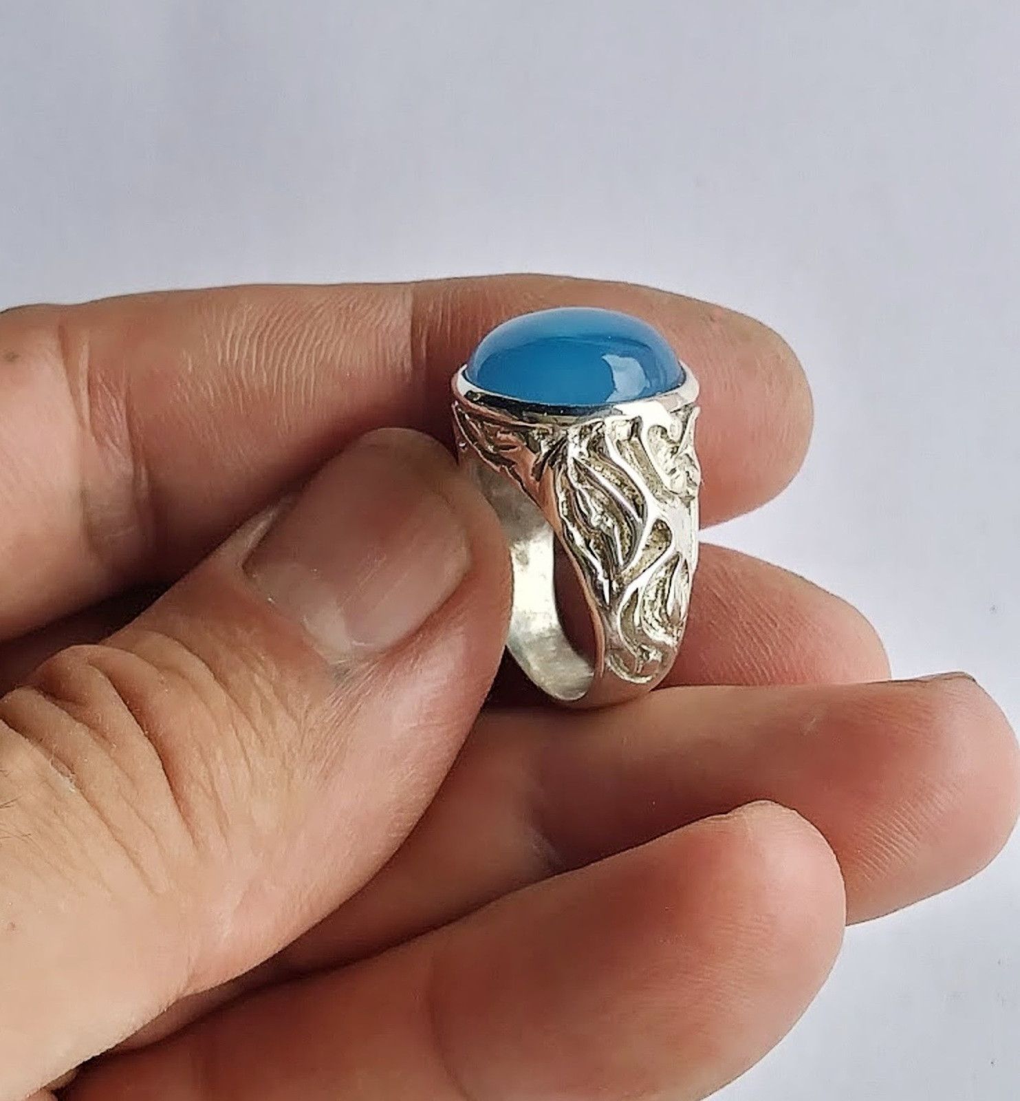 Other Men's ring blue cabochon Chalcedony sterling silver .925 Size ONE SIZE - 2 Thumbnail