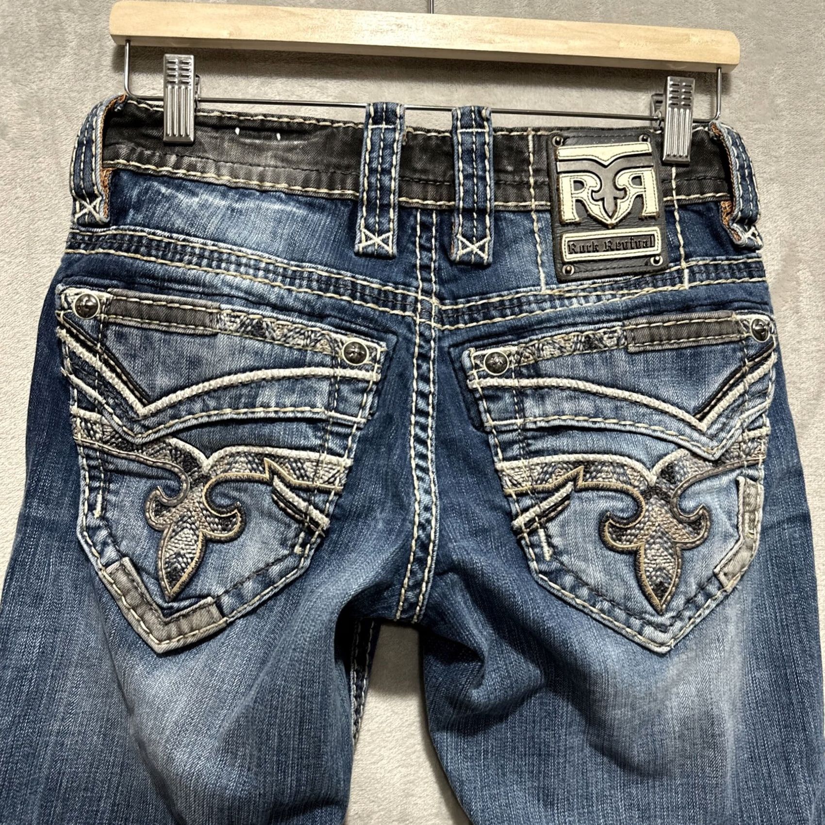 Vintage Rock Revival Dorran Slim Straight Jeans 27 Denim 5-Pocket Logo Embroidered Pockets Mens Blue Size US 27 - 7 Thumbnail