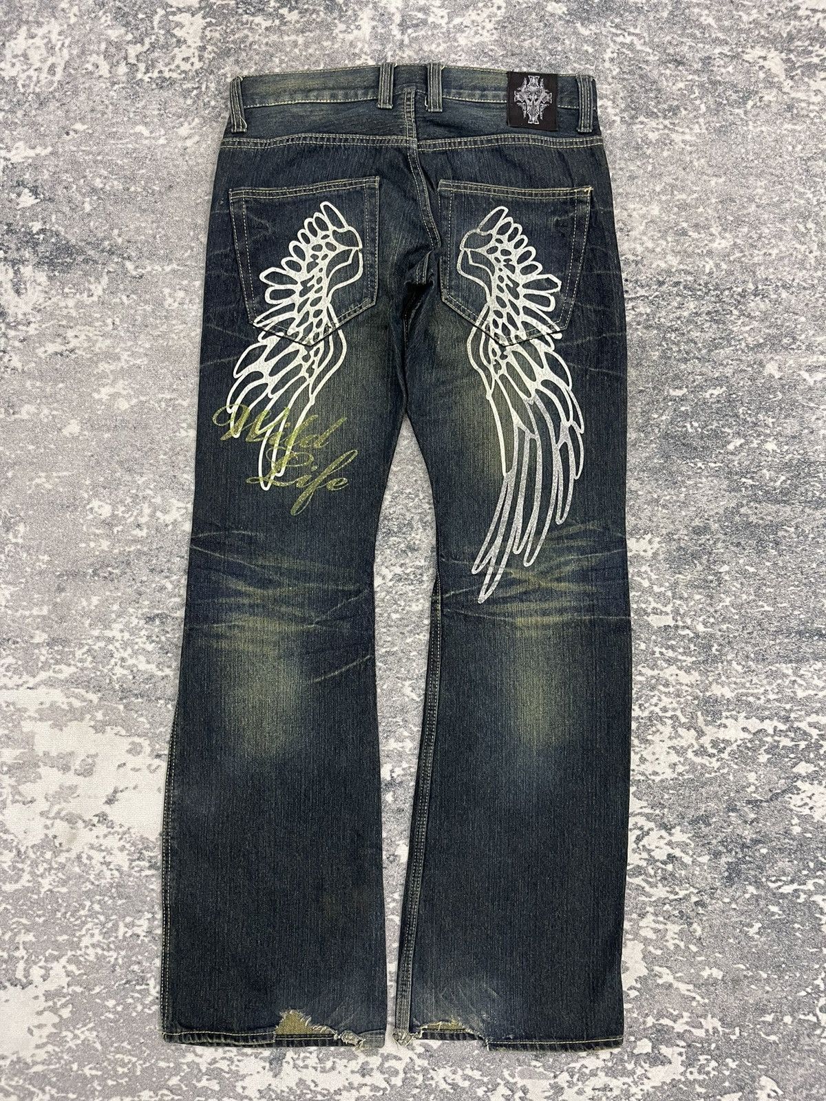 Japanese Brand Vintage Wild Life "Sand Wash" Distressed Flare Jeans Size US 31 - 9 Thumbnail