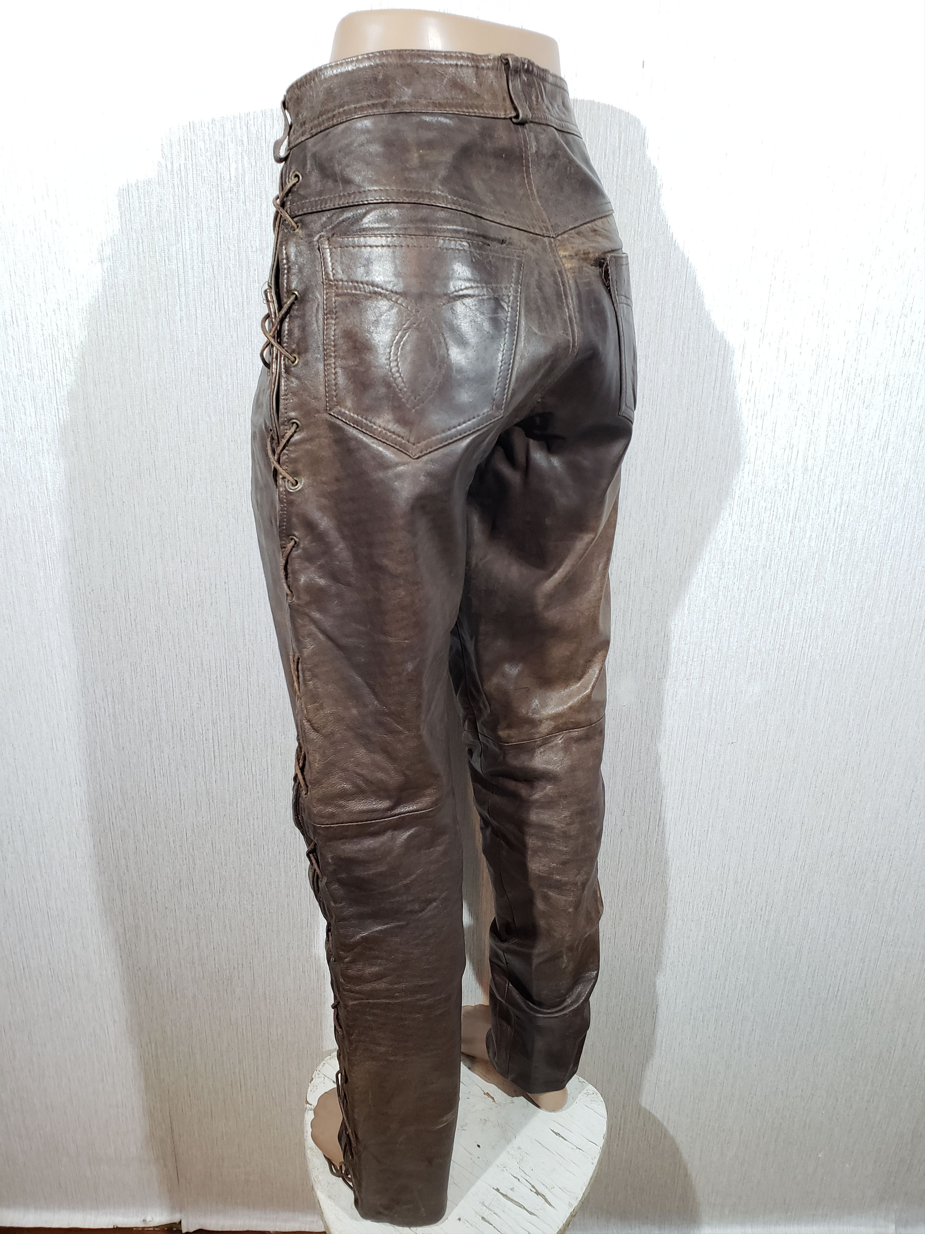 Genuine Leather Brown leather pants with decorative lacing. Size US 33 - 6 Thumbnail