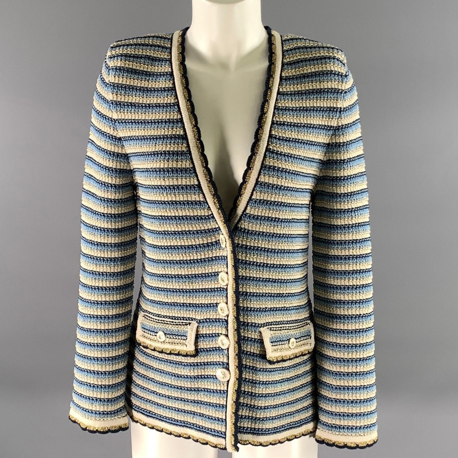Veronica Beard VERONICA BEARD S Blue White Gold Stripe Cotton Cardigan Size S / US 4 / IT 40 - 1 Thumbnail