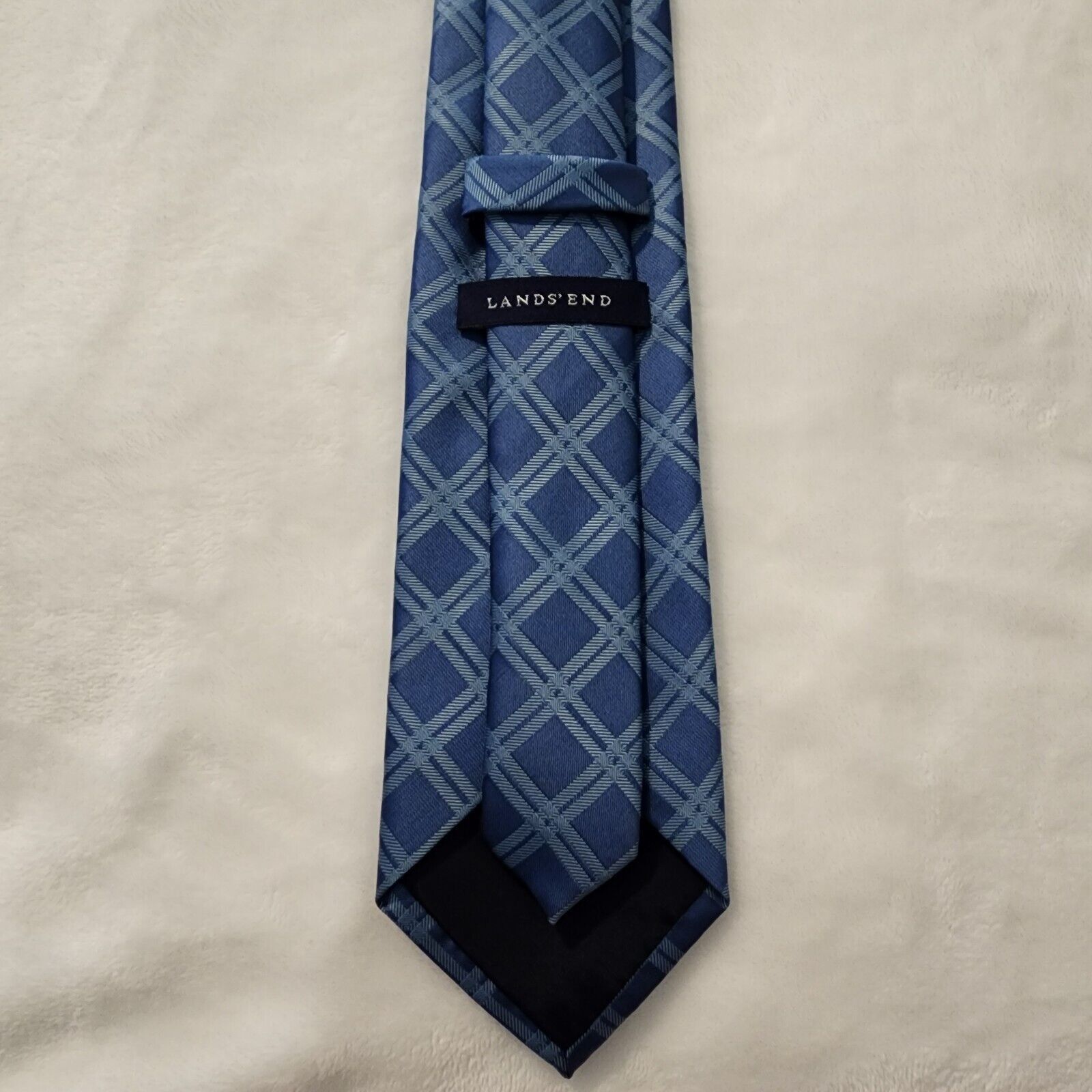 Lands' End Blue Tie with Geometric Check Stripe Standard Size Classic Size ONE SIZE - 6 Thumbnail