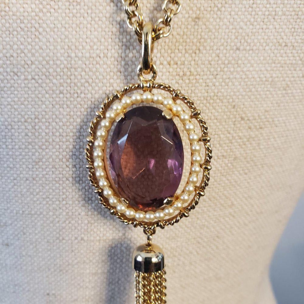 Designer Tassel Purple & Gold Tone Crystal Pendant Necklace 36" Size ONE SIZE - 3 Thumbnail