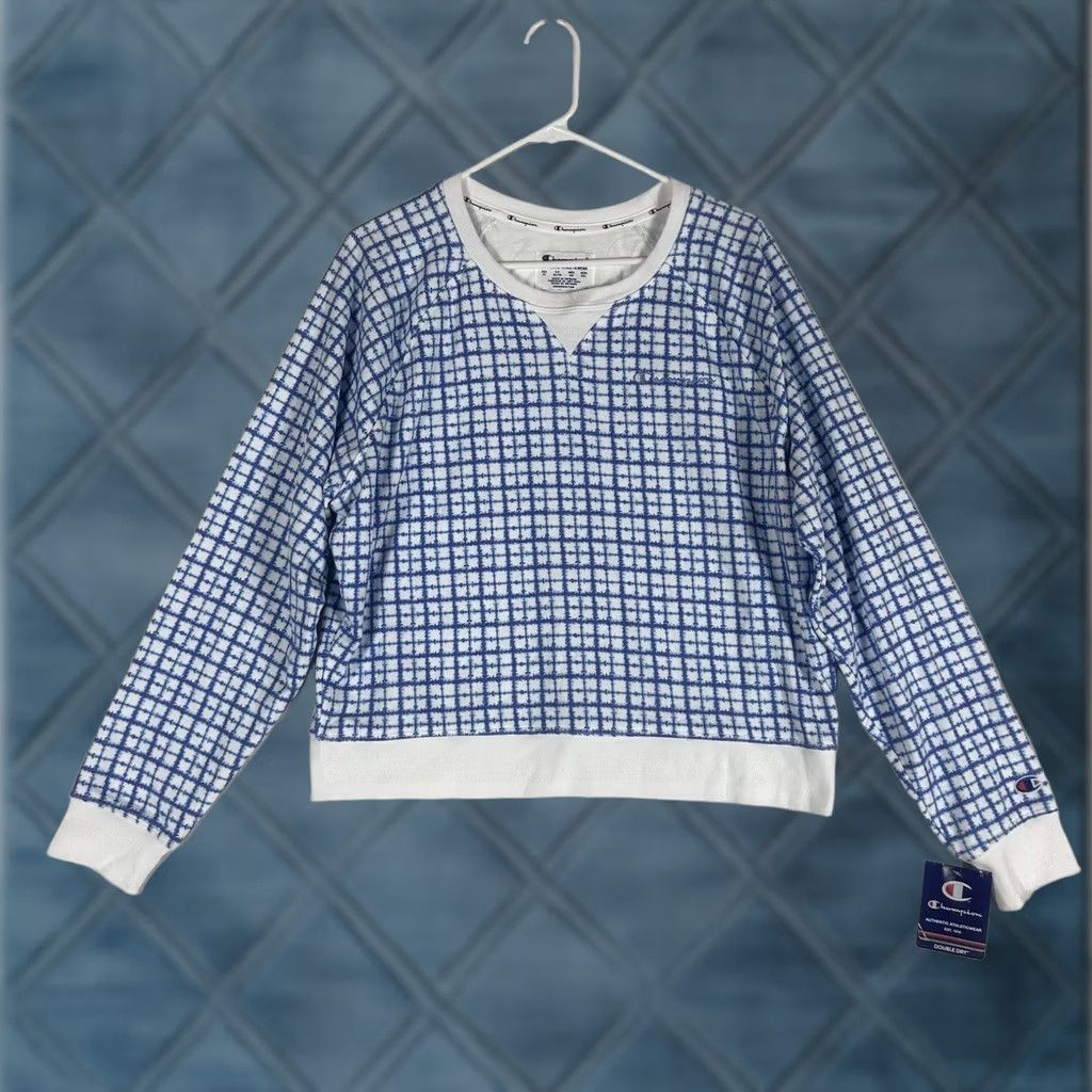 Champion Champion Women's XL Campus Pullover Hoodie Batik Blue Check Terry Crop Crew Neck Sweatshirt Hoodie, Activewear, 80s/90s Vibe, Regular Size, Women Size XL / US 12-14 / IT 48-50 - 1 Thumbnail
