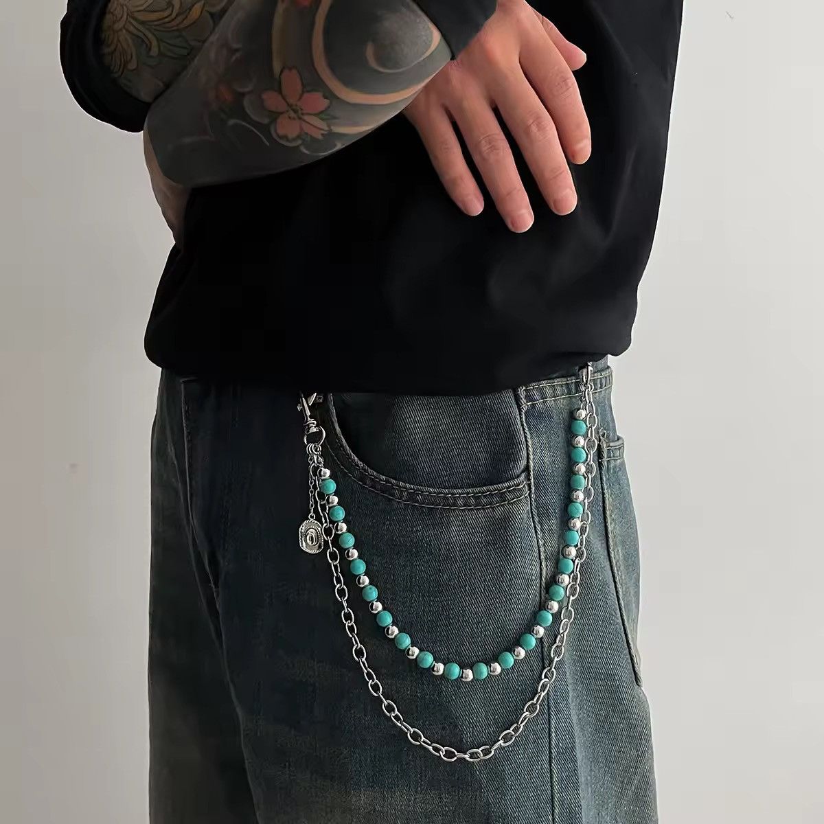 Jewelry Beaded Chain Belt with Silver Accents - Turquoise & Silver | Size ONE SIZE - 3 Thumbnail