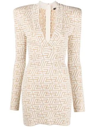 image of Balmain O1Srvl11E0524 V Neck Mini Dress In White Beige, Women's (Size XL)