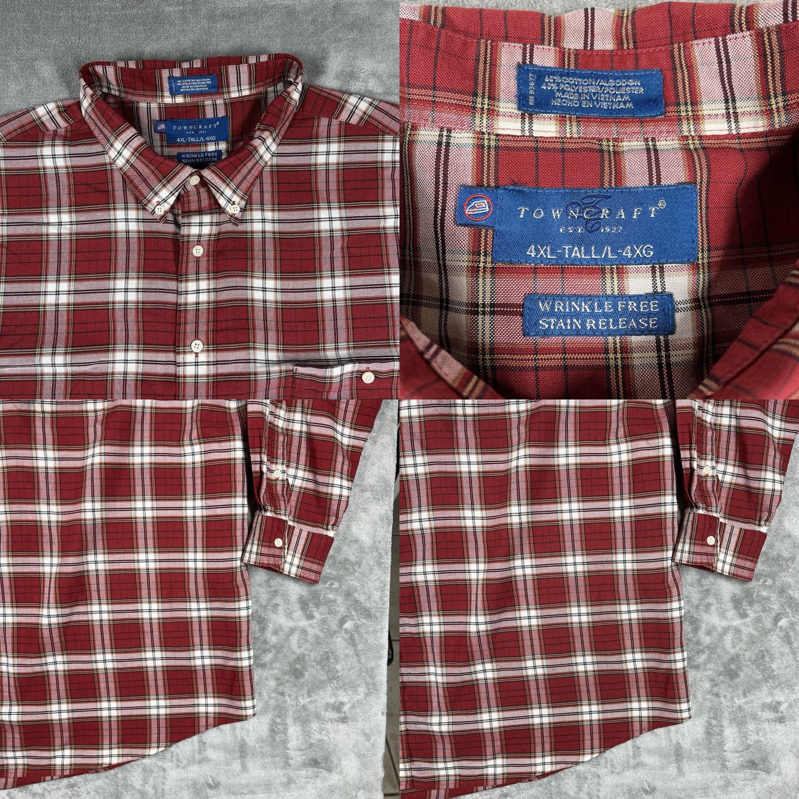 Vintage Towncraft Men 4XLT Flannel Plaid Button-Down Shirt Long Sleeve Casual Red 60% Cotton 40% Polyester Big & Tall with Pockets Size US XXL / EU 58 / 5 - 8 Thumbnail