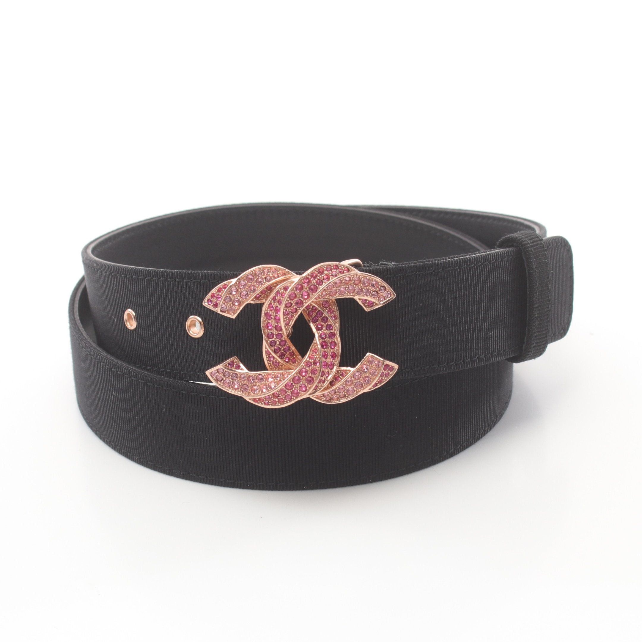 Chanel Coco Mark Belt Nylon Black Pink Rhinestone B16C