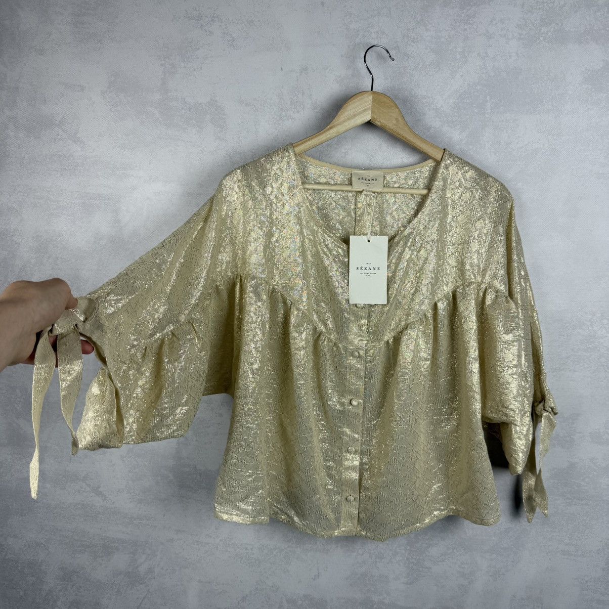 Sezane NWT Sezane Cristina Cotton Gold Metallic Ruched Blouse Size M / US 6-8 / IT 42-44 - 2 Thumbnail
