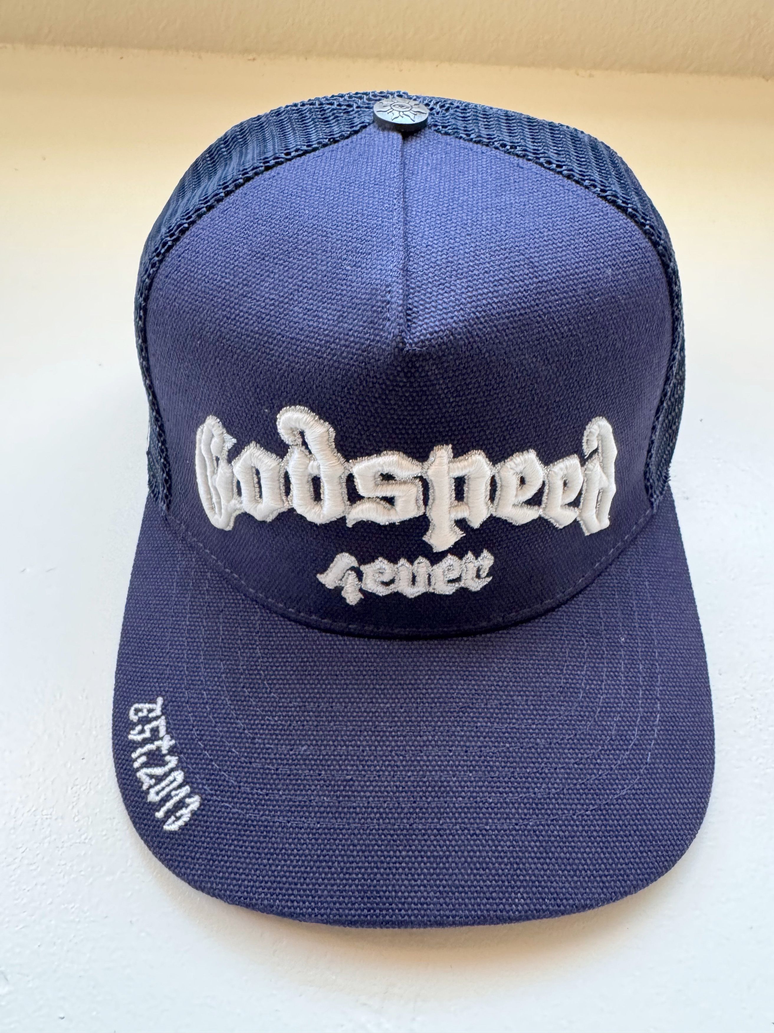 Hat Godspeed Snapback Mesh Cap Blue Gothic Font