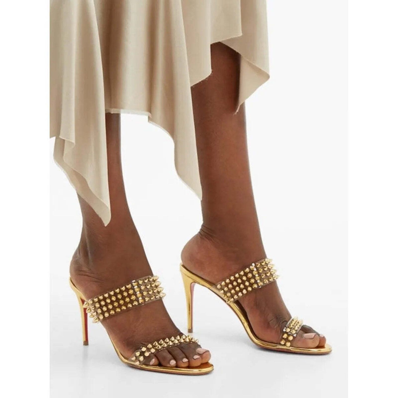 Christian Louboutin Spikes Only 85 Gold PVC Slide Mule Open Sandal Heel Pump 36 Size US 6 / IT 36 - 3 Thumbnail