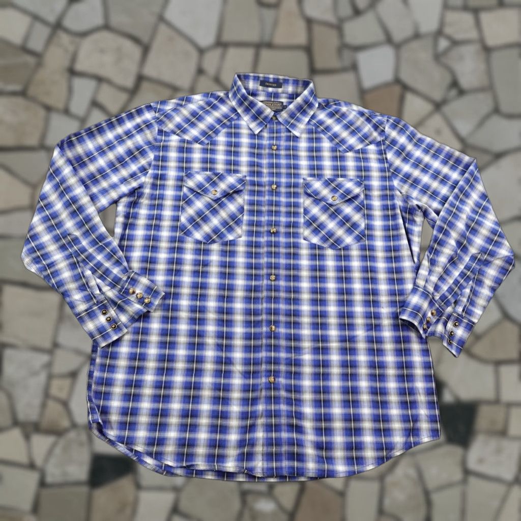 Pendleton VINTAGE Pendleton Shirt Mens Large Blue White Plaid Western Pearl Snap Frontier Cowboy Shirt Men Large Blue Plaid Pearl Snap Cowboy Size US L / EU 52-54 / 3 - 1 Thumbnail