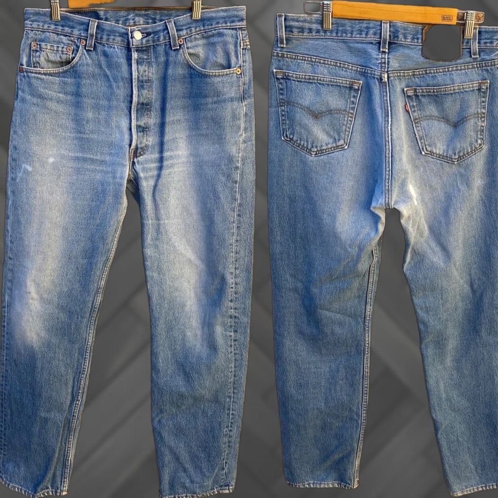 VINTAGE Levi’s 501 Jeans Distressed From Wear Fade Bleach Spots Stains W 36 L 34 Jeans Mens Denim Blue 501 Cowboy Distressed See Pics