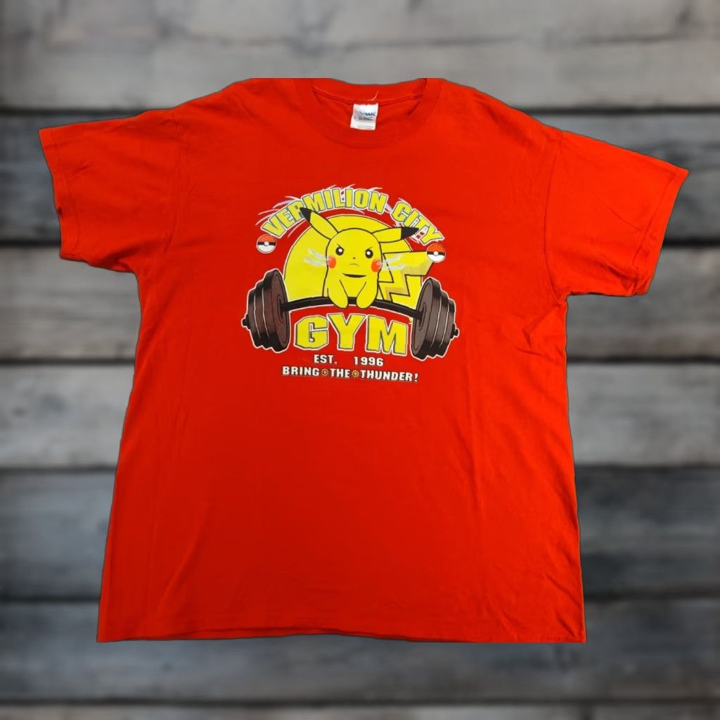 Gildan Pikachu T-Shirt Pikachu Vermilion City Gym Est 1996 Bring The Thunder Red Tee Shirt Size L Mens Gildan Cotton Graphic Print Short Sleeve Vintage No Size US L / EU 52-54 / 3 - 1 Thumbnail