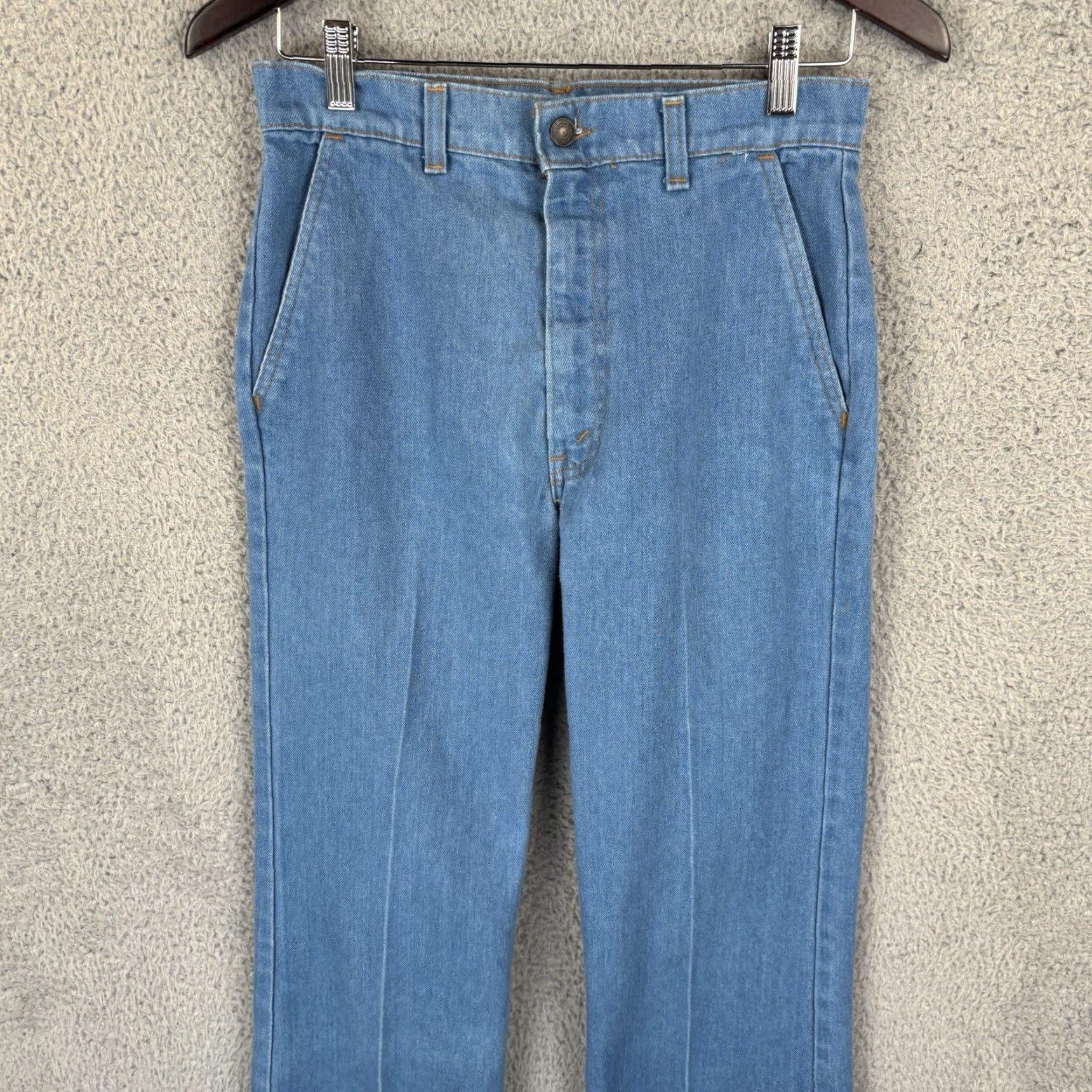 Levi's VINTAGE Levi's Jeans Mens 29 Waist 29x35 Regular Fit 5-Pocket Denim 70s Orange Tab Talon Zipper 42 1970s Blue USA Cowboy Hippie Rock City Retro Size US 29 - 2 Thumbnail