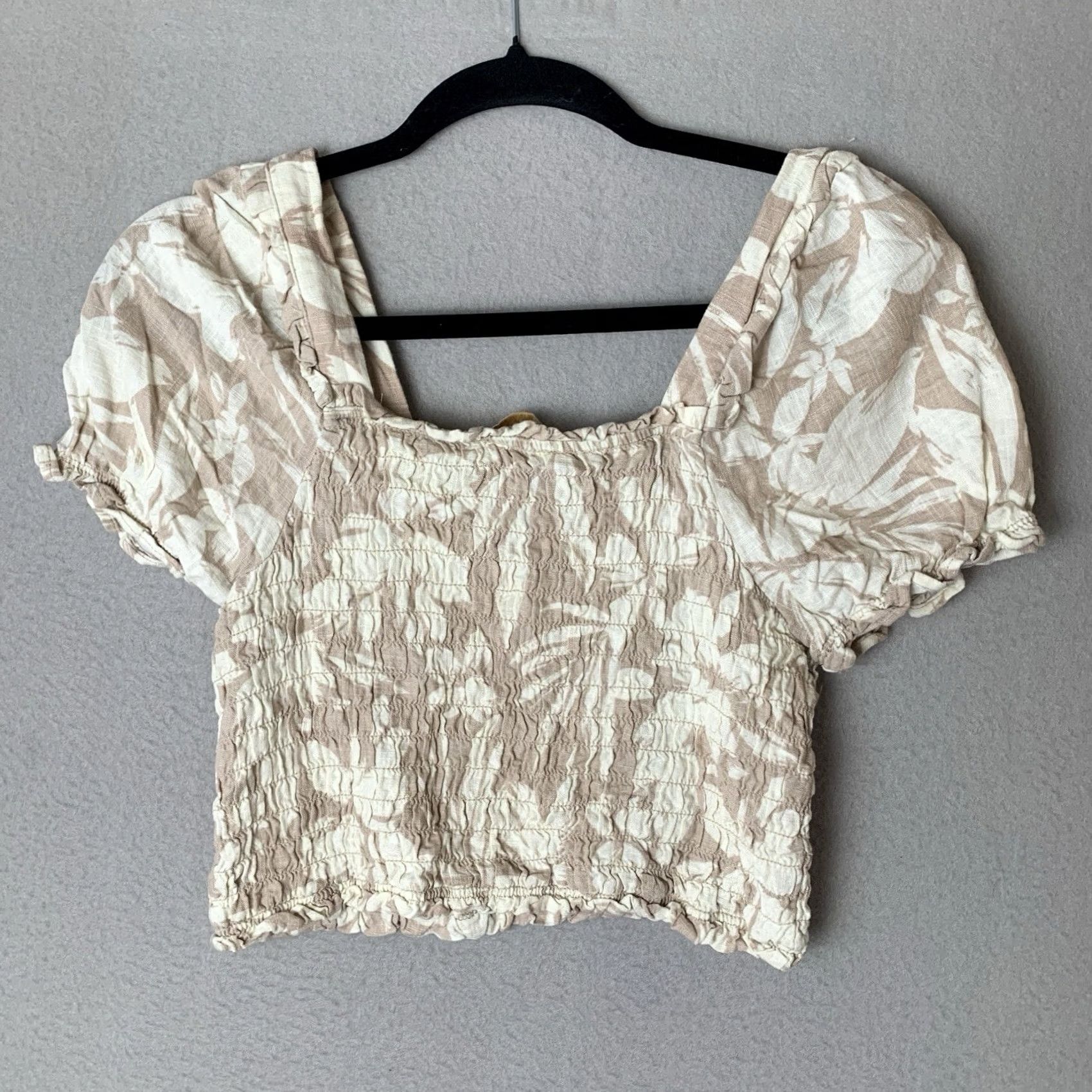 Vintage Monteau Womens Top Cropped Puff Sleeve Floral Square Neck Linen Rayon Beige M Size M / US 6-8 / IT 42-44 - 3 Thumbnail