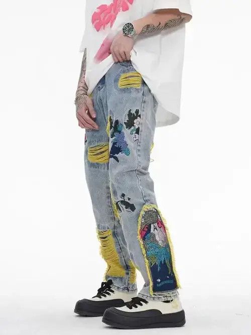 Japanese Brand × Jean Retro heavy embroidery ripped washed distressed jeans Size US 32 / EU 48 - 4 Thumbnail