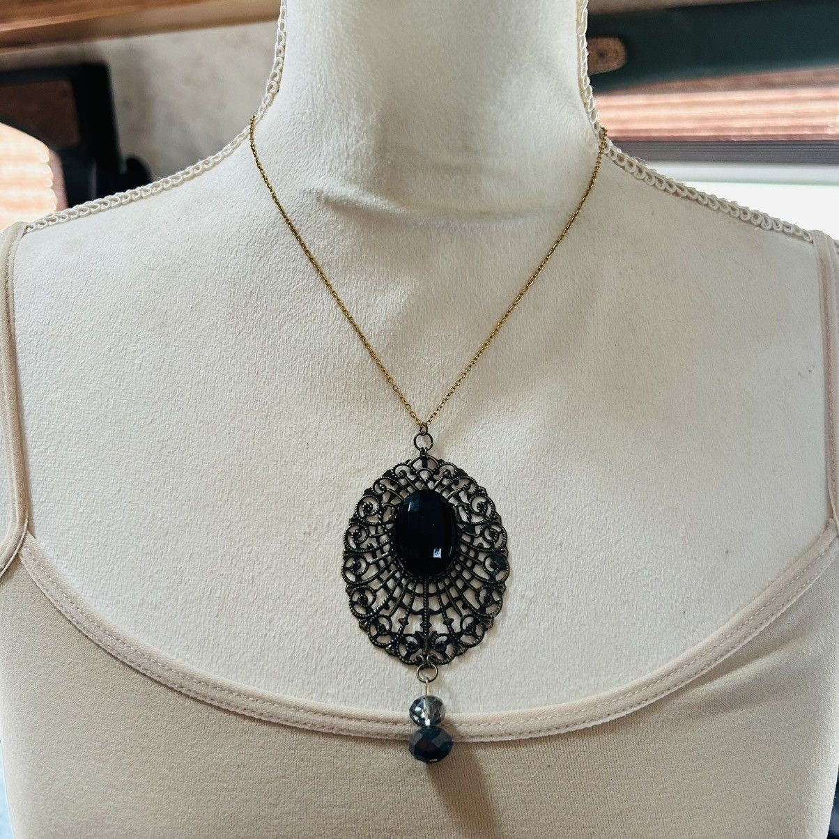 Handmade Handcrafted brass filigree faceted dome black glass necklace Size ONE SIZE - 2 Thumbnail