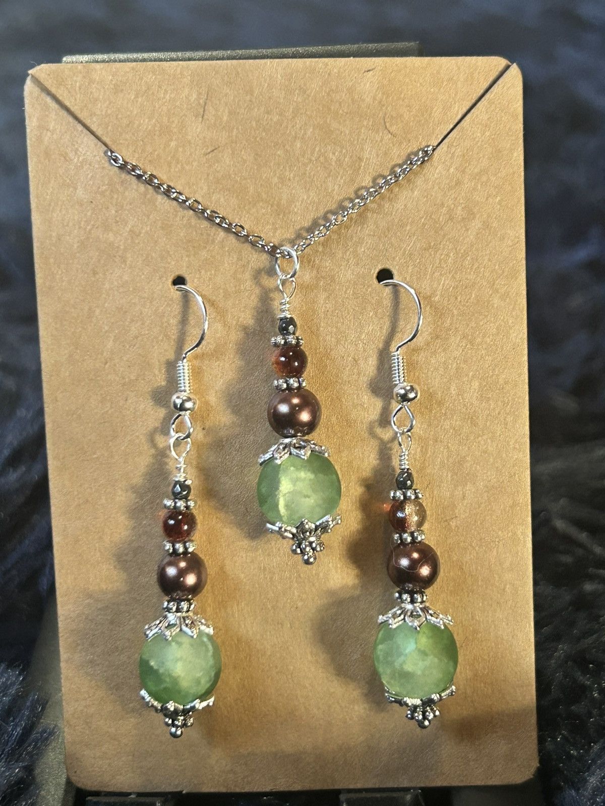 Handmade Handcrafted green crackle glass pearl cat eye necklace set Size ONE SIZE - 2 Thumbnail
