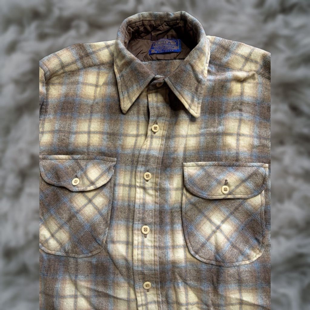 VINTAGE Pendleton Shirt Brown Wool 70s Button-Front Long Sleeve Mens M 50 Chest Plaid western Canyon