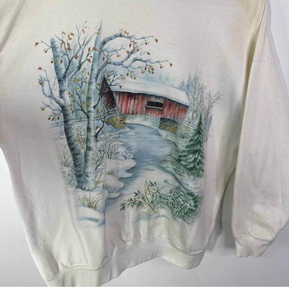 Vintage Vintage 90s White Winter Nature Covered Bridge Crewneck Size US L / EU 52-54 / 3 - 2 Thumbnail