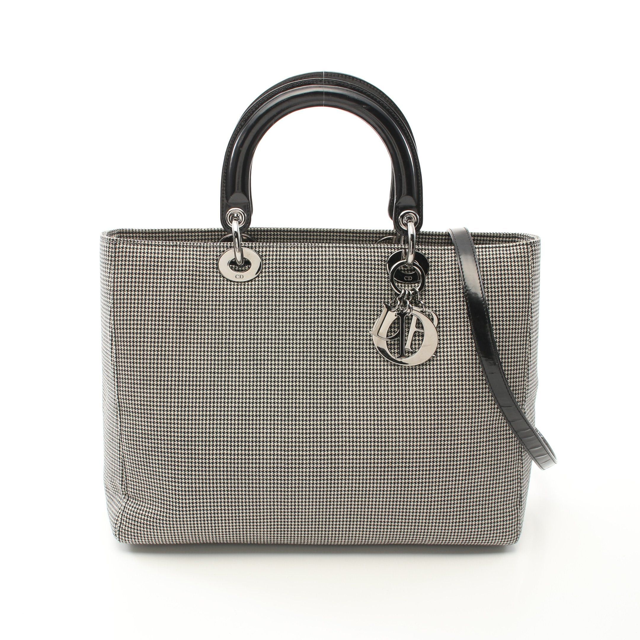 Dior Dior Lady Dior Large Handbag Canvas Patent Leather Black White Houndstooth Size ONE SIZE - 1 Thumbnail