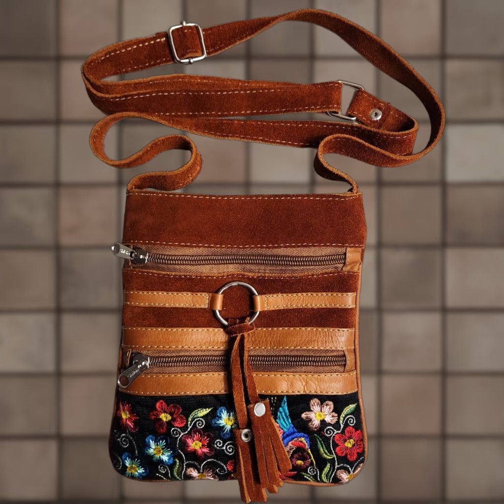 Vintage Shiloh Womens Boho Brown Suede Floral Embroidered Small Crossbody Bag Size ONE SIZE - 1 Thumbnail