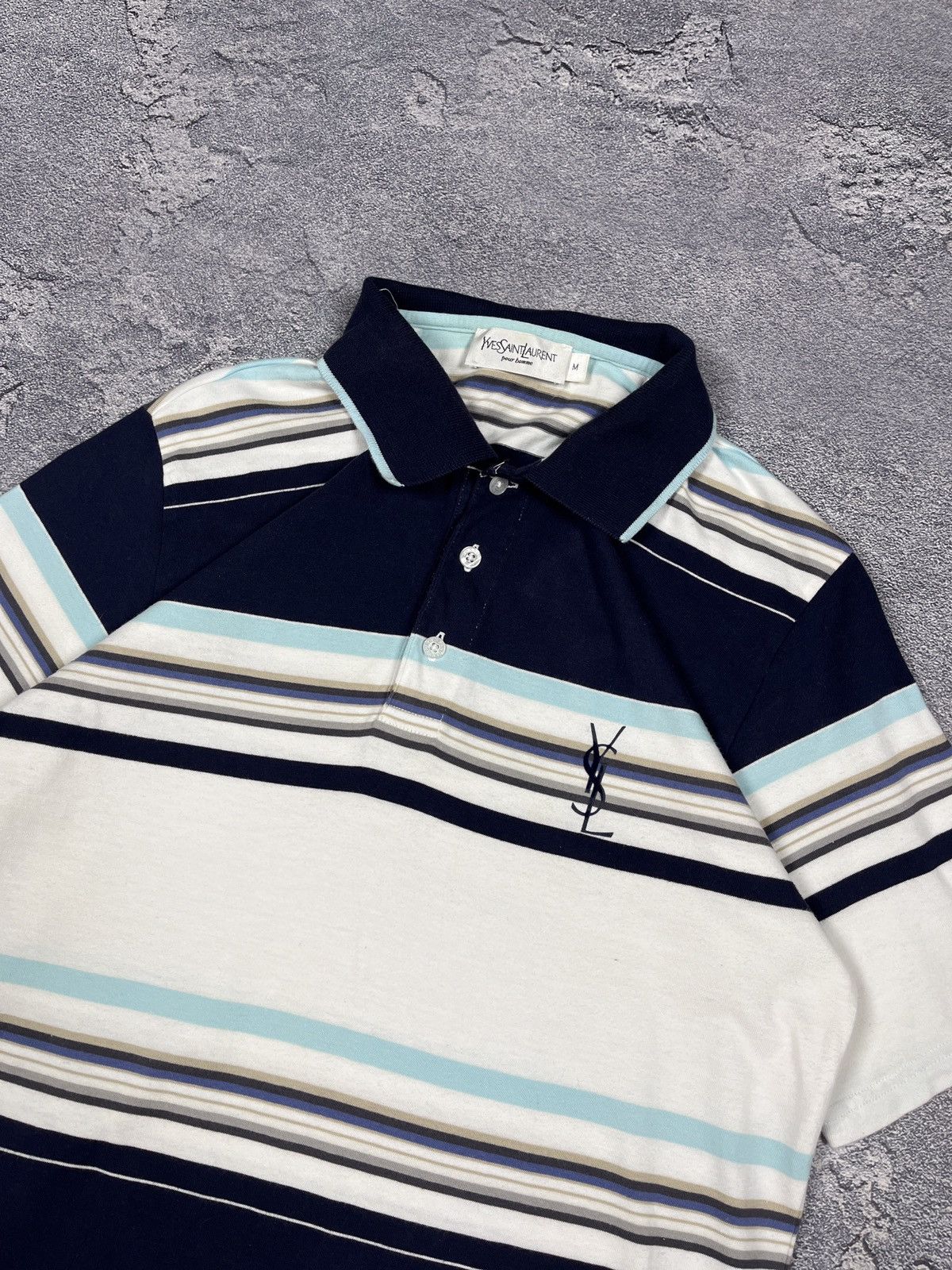 Vintage × Yves Saint Laurent Yves Saint Laurent YSL Paris Blue Striped Polo T Shirt Tee Size US M / EU 48-50 / 2 - 2 Thumbnail