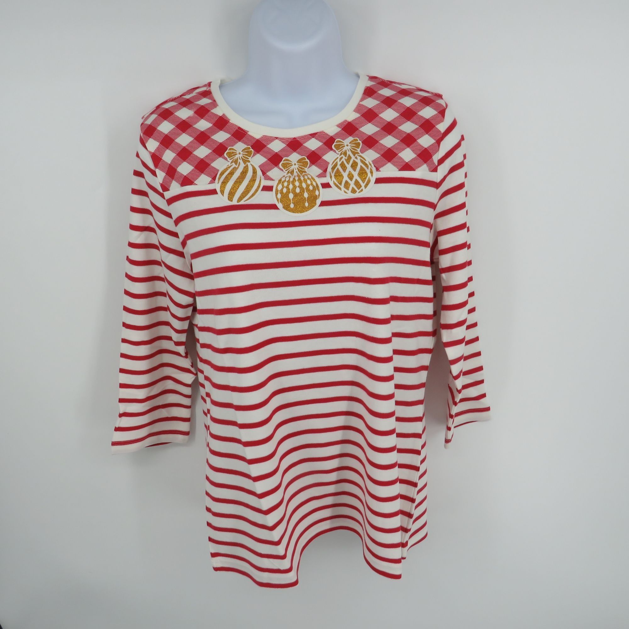 Other Kim Rogers Women's Holiday Striped Plaid Top Petite Small NW Size S / US 4 / IT 40 - 1 Thumbnail