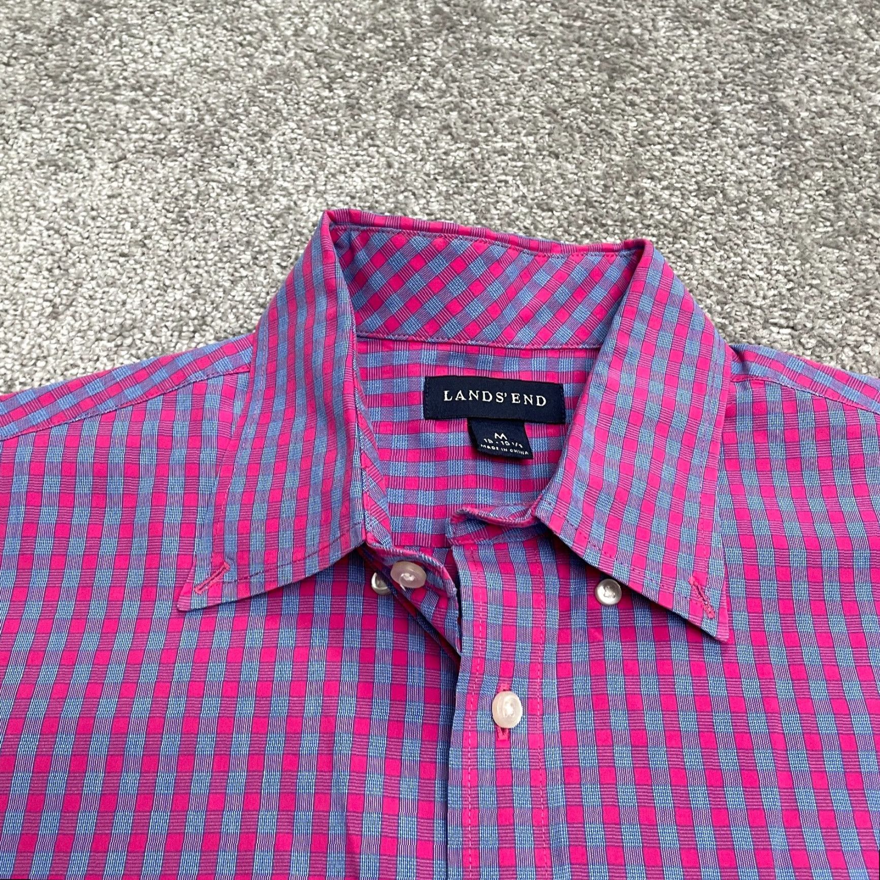 Lands' End Lands' End Dress Shirt Mens M 15-15.5 Pink Blue Plaid 100% Cotton Workwear Size 40R - 3 Thumbnail