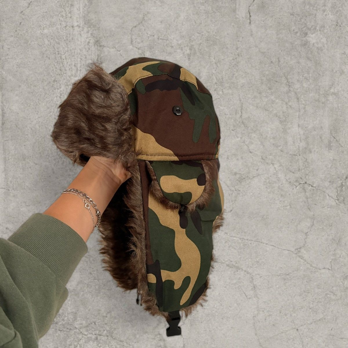 Japanese Brand Russian Ushanka fluffy winter hat in brown camo. One size Size ONE SIZE - 1 Thumbnail