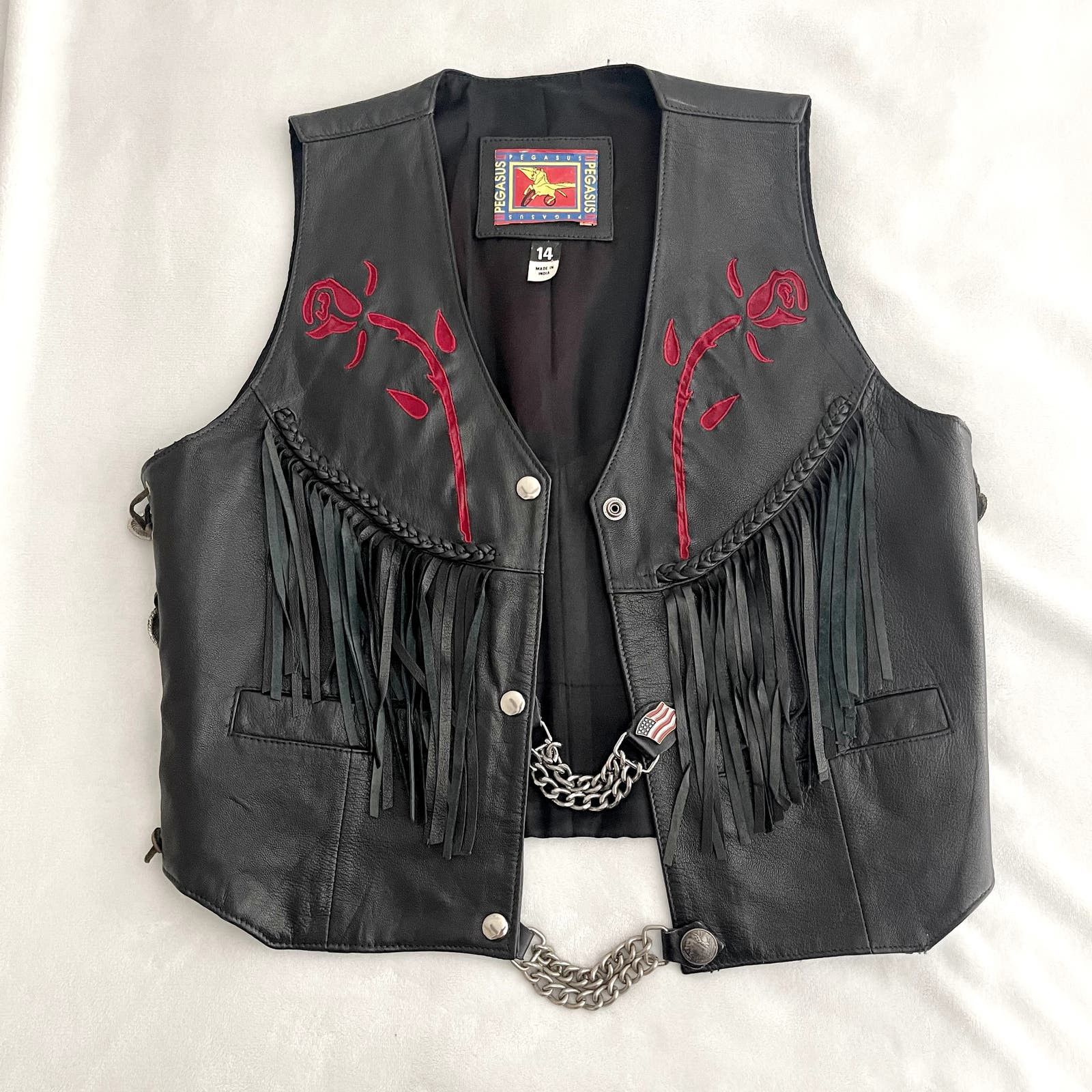 Vintage Pegasus Ladies Black Leather Vest Fringed Embroidered 14 Size XL / US 12-14 / IT 48-50 - 3 Thumbnail