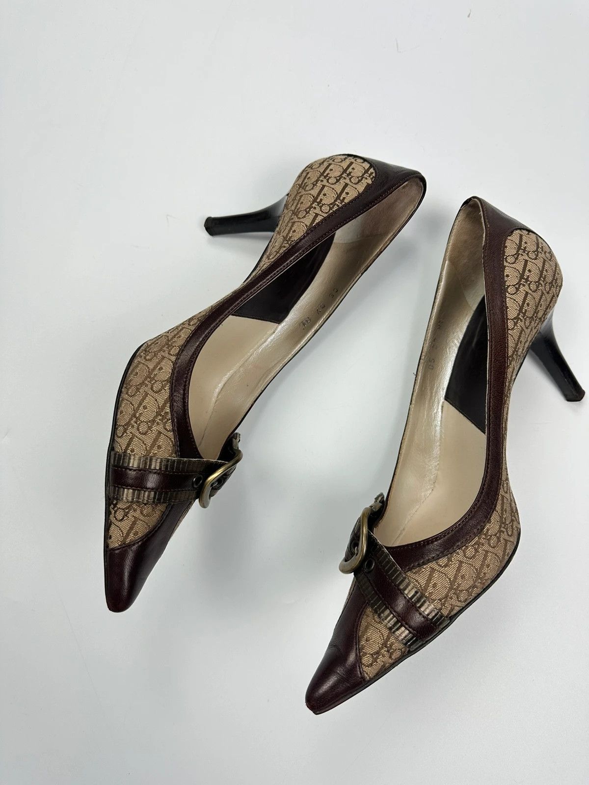 Dior Vintage Dior Monogram Heels Brown Leather with Gold Buckle Size US 7 / IT 37 - 9 Thumbnail