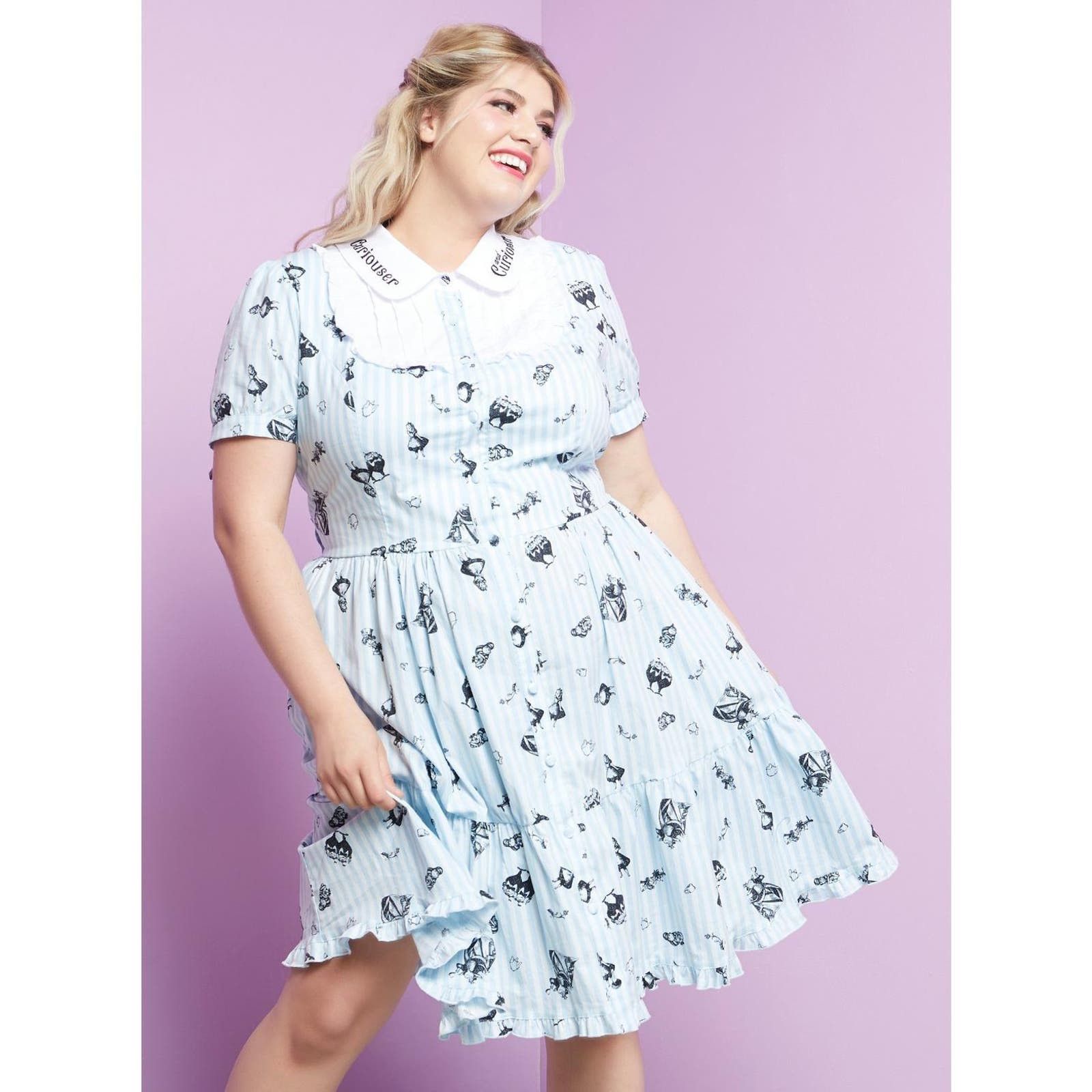 image of Disney Alice In Wonderland Cosplay Print Collared Dress 2X in Blue, Women's (Size 2XL)