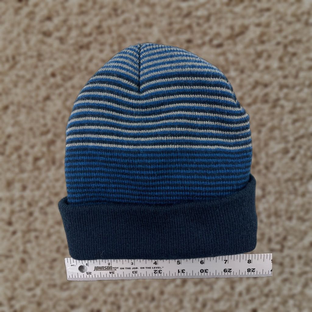 Vintage Blue Gray Striped Beanie Hat Adult One Size Knit Acrylic Cotton Winter Ski Mens Size ONE SIZE - 1 Thumbnail