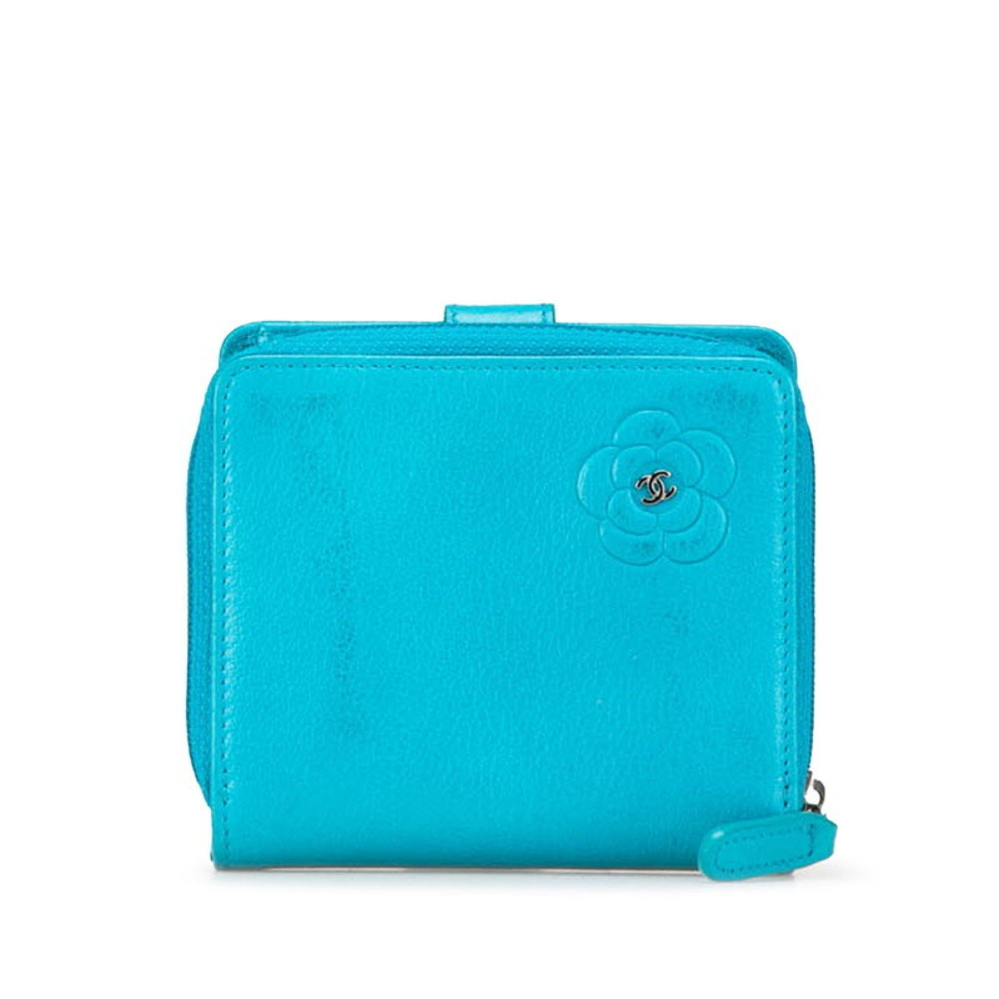 Chanel CHANEL Camellia Coco Mark Bi-fold Wallet Light Blue Lambskin Women's Size ONE SIZE - 1 Thumbnail
