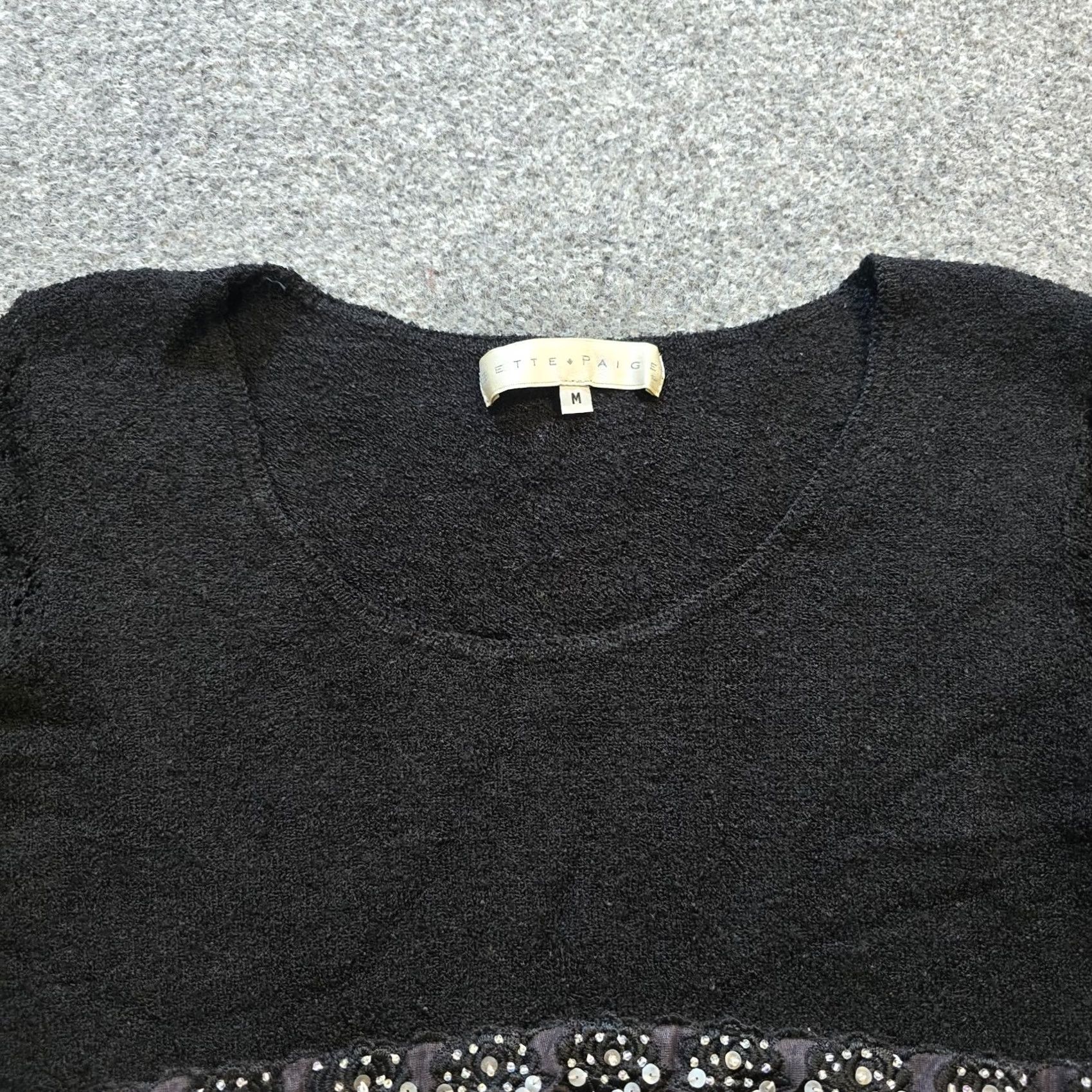 Paige Bette Paige Blouse Women M Black Lace Sequin Flare Sleeve Gothic Vintage Regular Knit Nylon Rayon Long Sleeve Round Neck Pullover Top Size M / US 6-8 / IT 42-44 - 2 Thumbnail