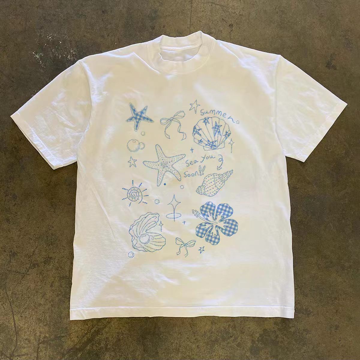 Vintage White Vintage Shell-Print Cotton T-Shirt Size US M / EU 48-50 / 2 - 1 Thumbnail