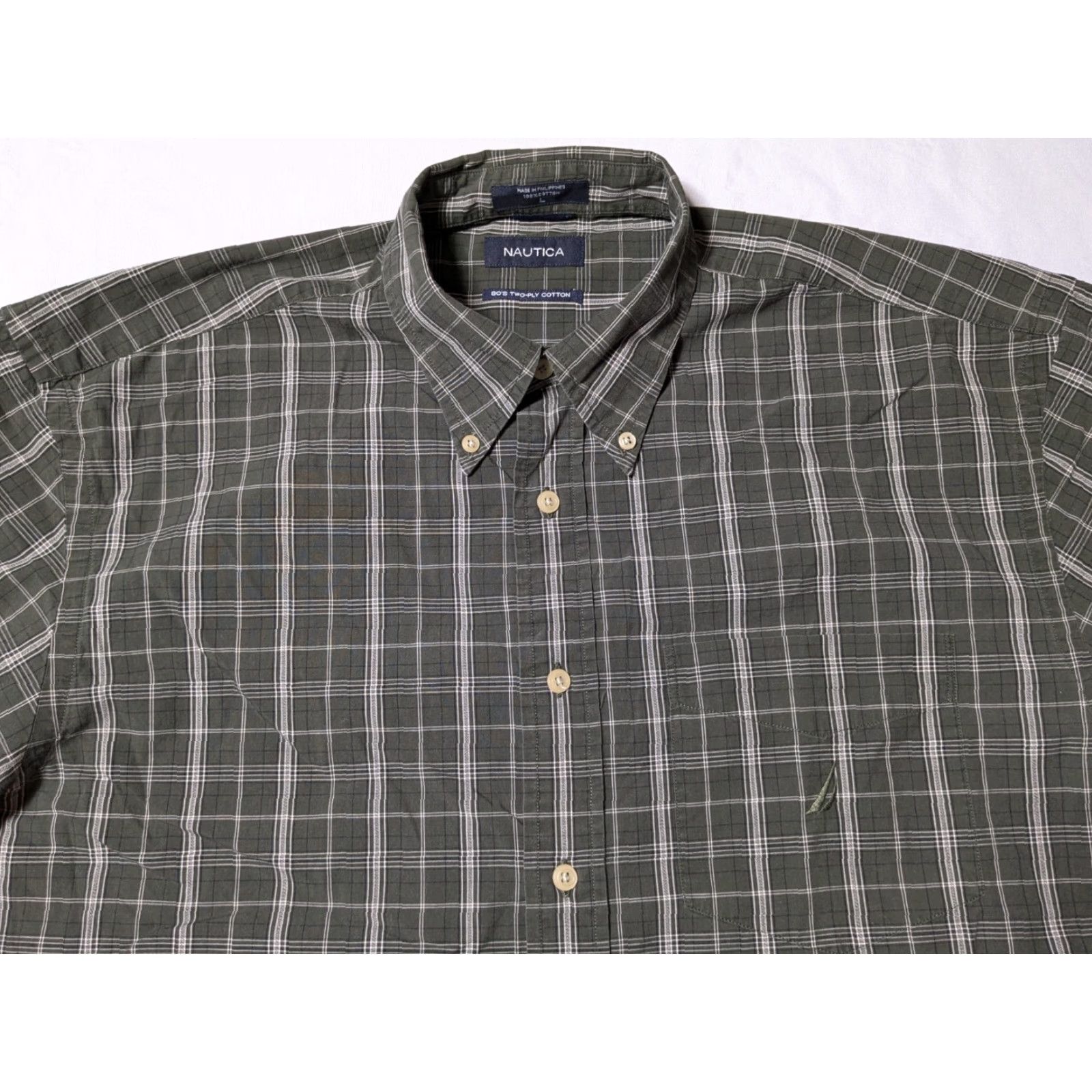Nautica VTG Nautica 80s Two-Ply Cotton Men Large Green Plaid Button Short Sleeve Shirt Size US L / EU 52-54 / 3 - 3 Thumbnail