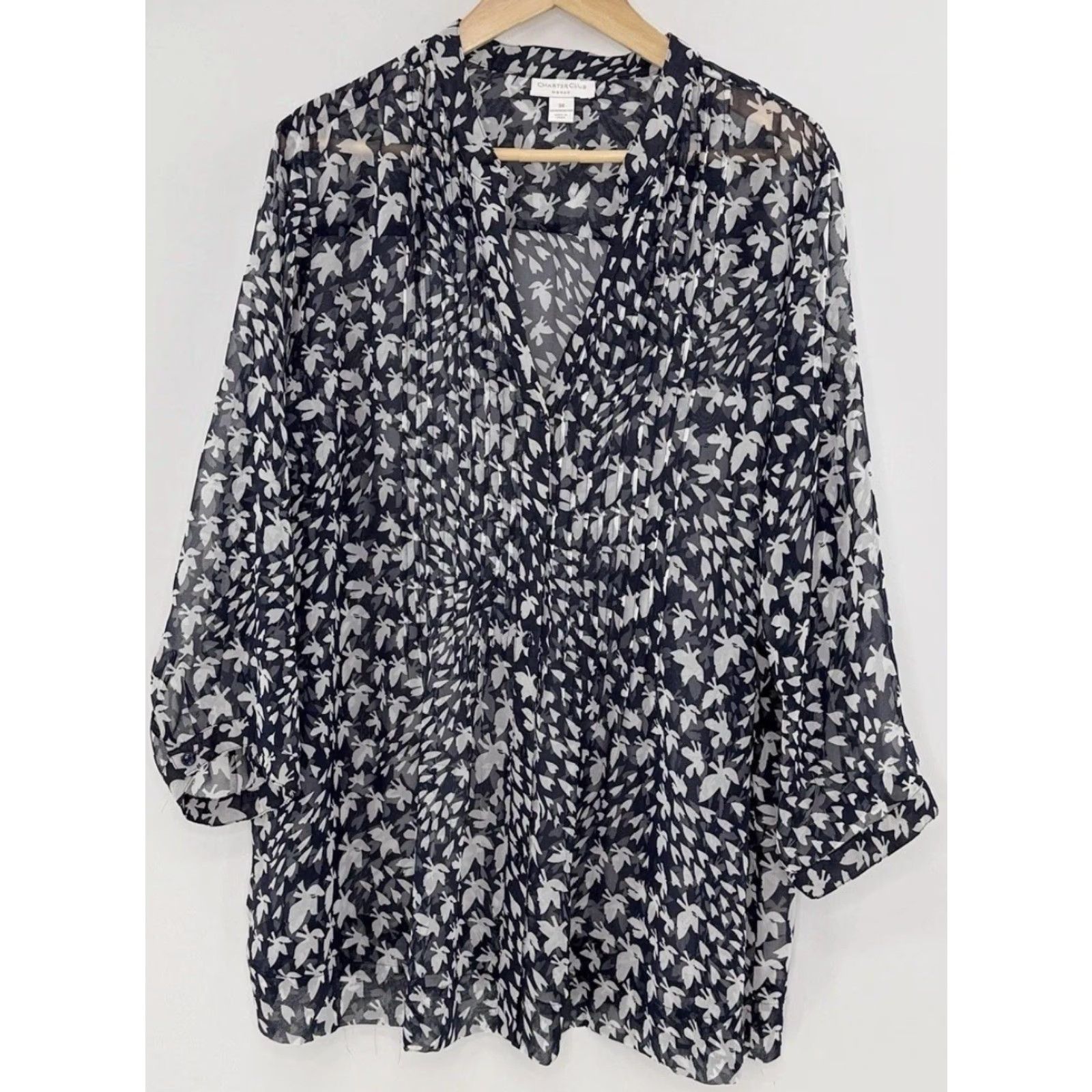 Charter Club VINTAGE? No — Charter Club Plus Size Navy Blue & White Print Button Front Chiffon Shirt Sz 3x Size XXL / US 16-18 / IT 52-54 - 2 Thumbnail