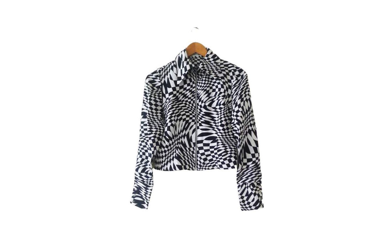 Black and White Harlequin Diamond printed zip up Crop Jacket