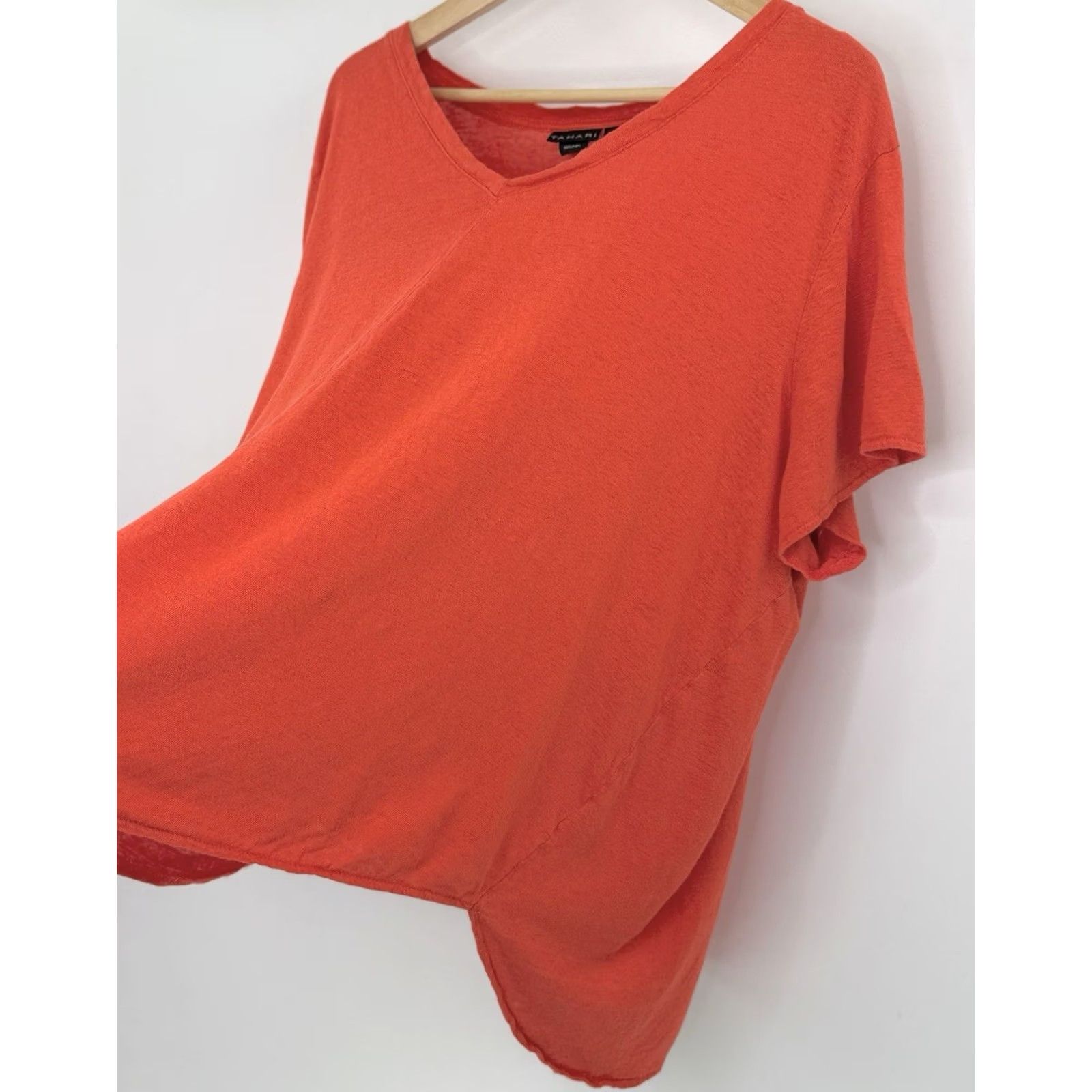 Vintage Tahari Linen Tee Shirt Plus Size 3x Red Orange V-Neck Cropped? Boho Women Size XXL / US 16-18 / IT 52-54 - 4 Thumbnail