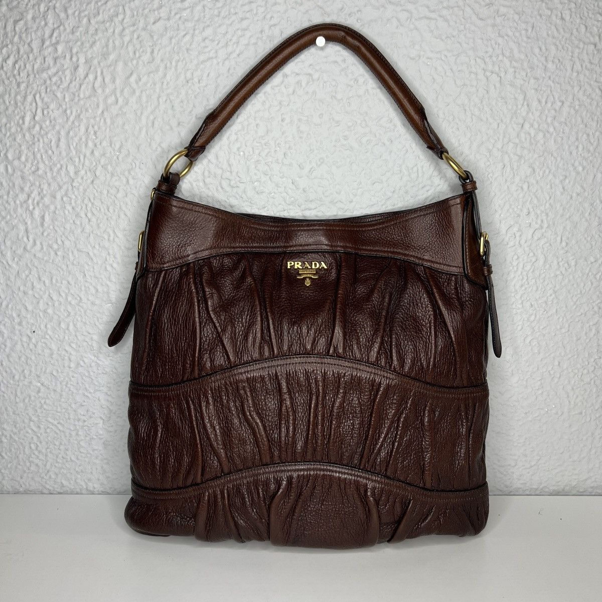 image of Avant Garde Prada Milano Shoulder Tote Bag Brown Leather Gold Logo, Women's
