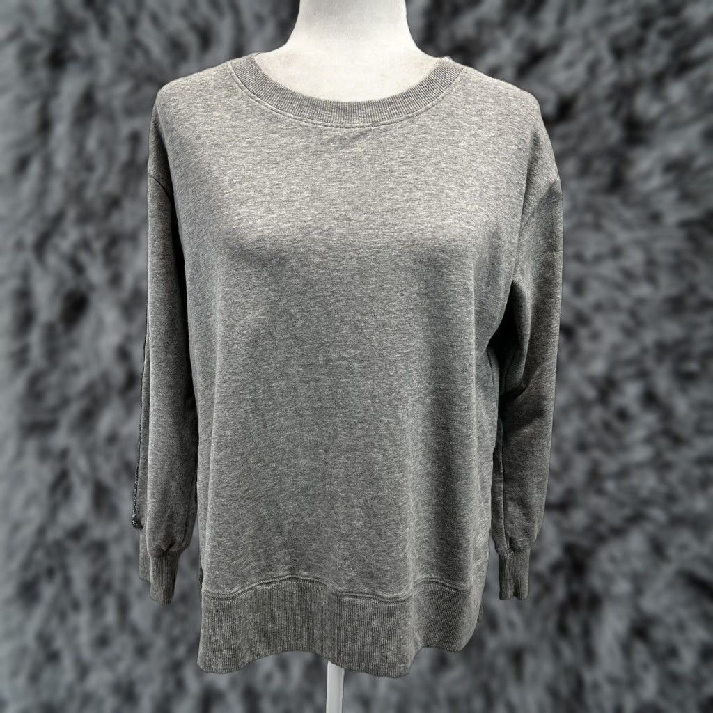 Johnny Was Johnny Was Sweatshirt Women Small Gray Crewneck Boxy Silver Stripe Sleeves Pullover Size S / US 4 / IT 40 - 1 Thumbnail