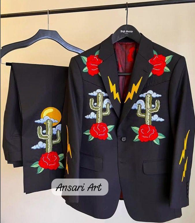 Other Men Black 2Pc Customized Floral Cactus Embroidered Outfit Size 44L - 1 Thumbnail