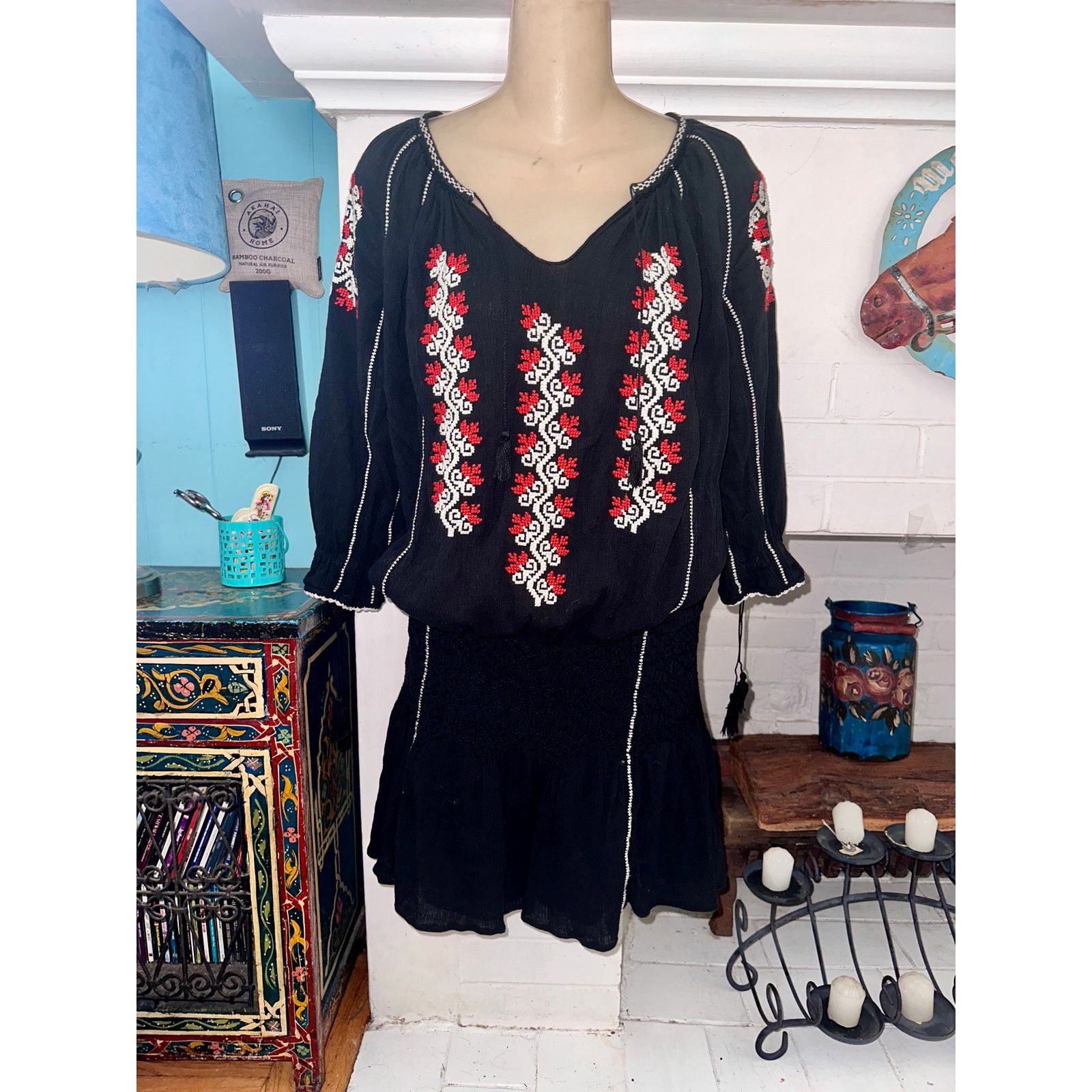 Ulla Johnson ULLA JOHNSON BLACK COTTON GAUZE EMBROIDERED PEASANT DRESS Size S / US 4 / IT 40 - 1 Thumbnail