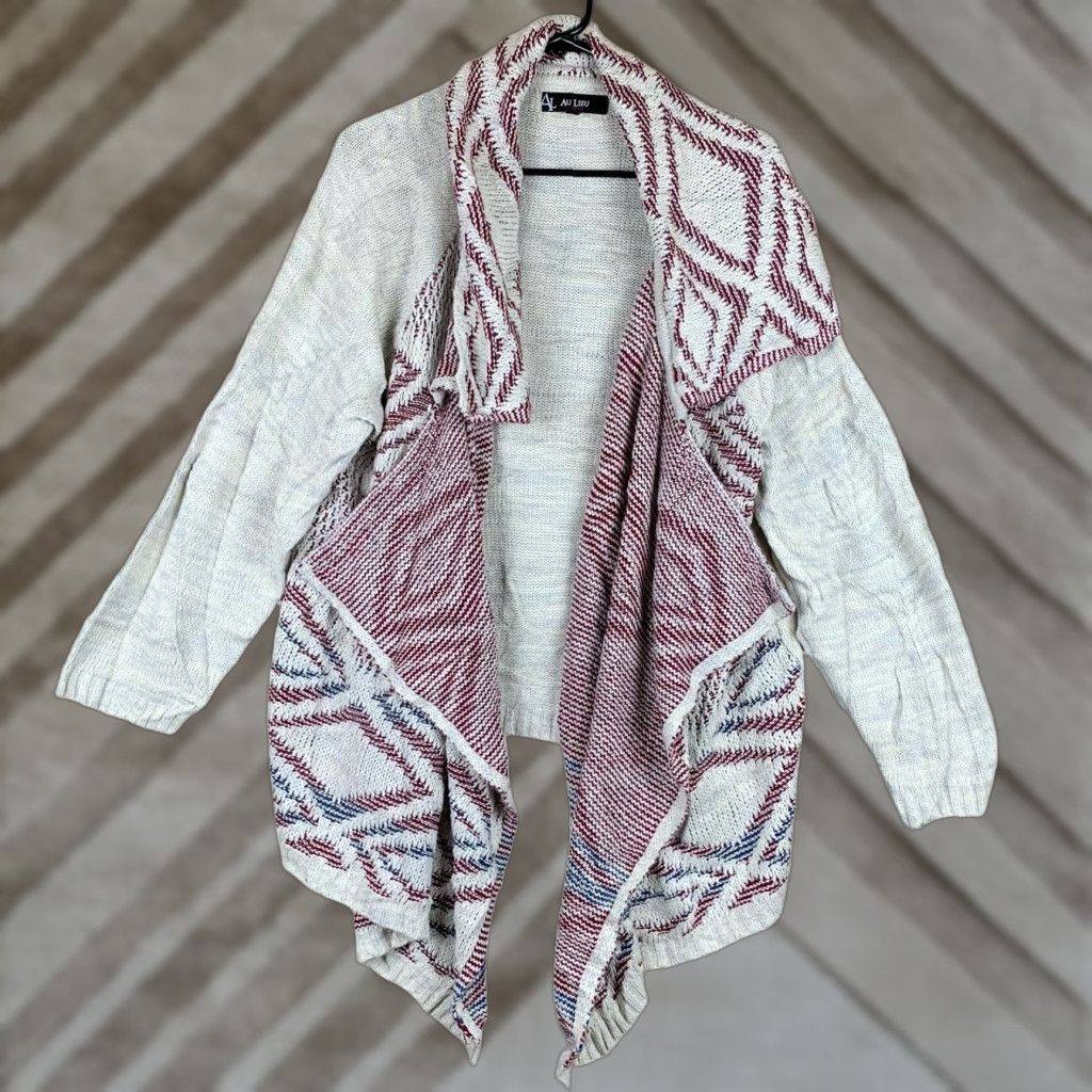 Vintage Au Lieu Womens Cardigan Sweater Gray Burgundy Aztec Open Waterfall Front 3X Size XXL / US 16-18 / IT 52-54 - 1 Thumbnail