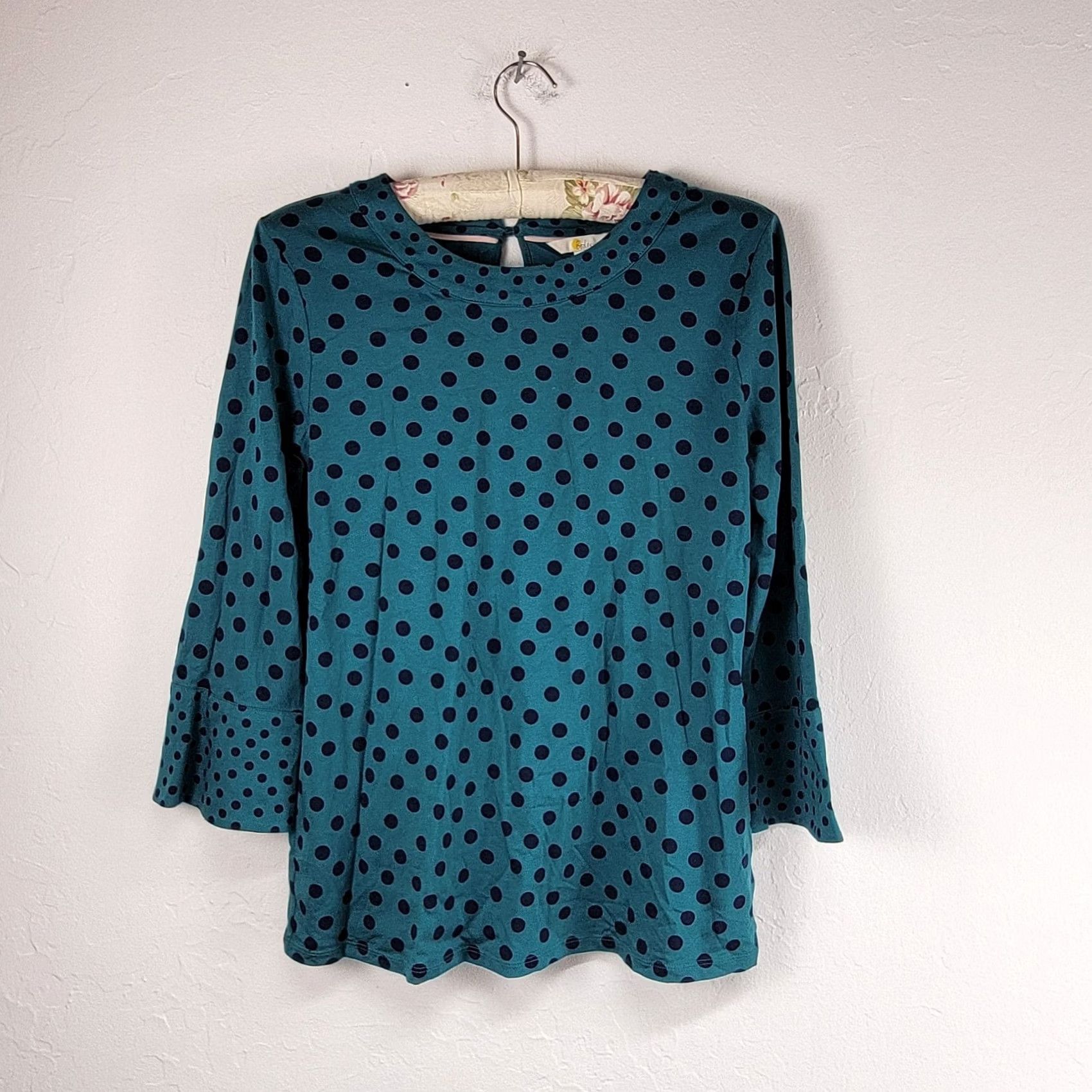Boden Boden Blouse Top 10 Teal Blue Polka Dots Knit 3/4 Sleeve Round Neck Womens Shirt Size L / US 10 / IT 46 - 2 Thumbnail