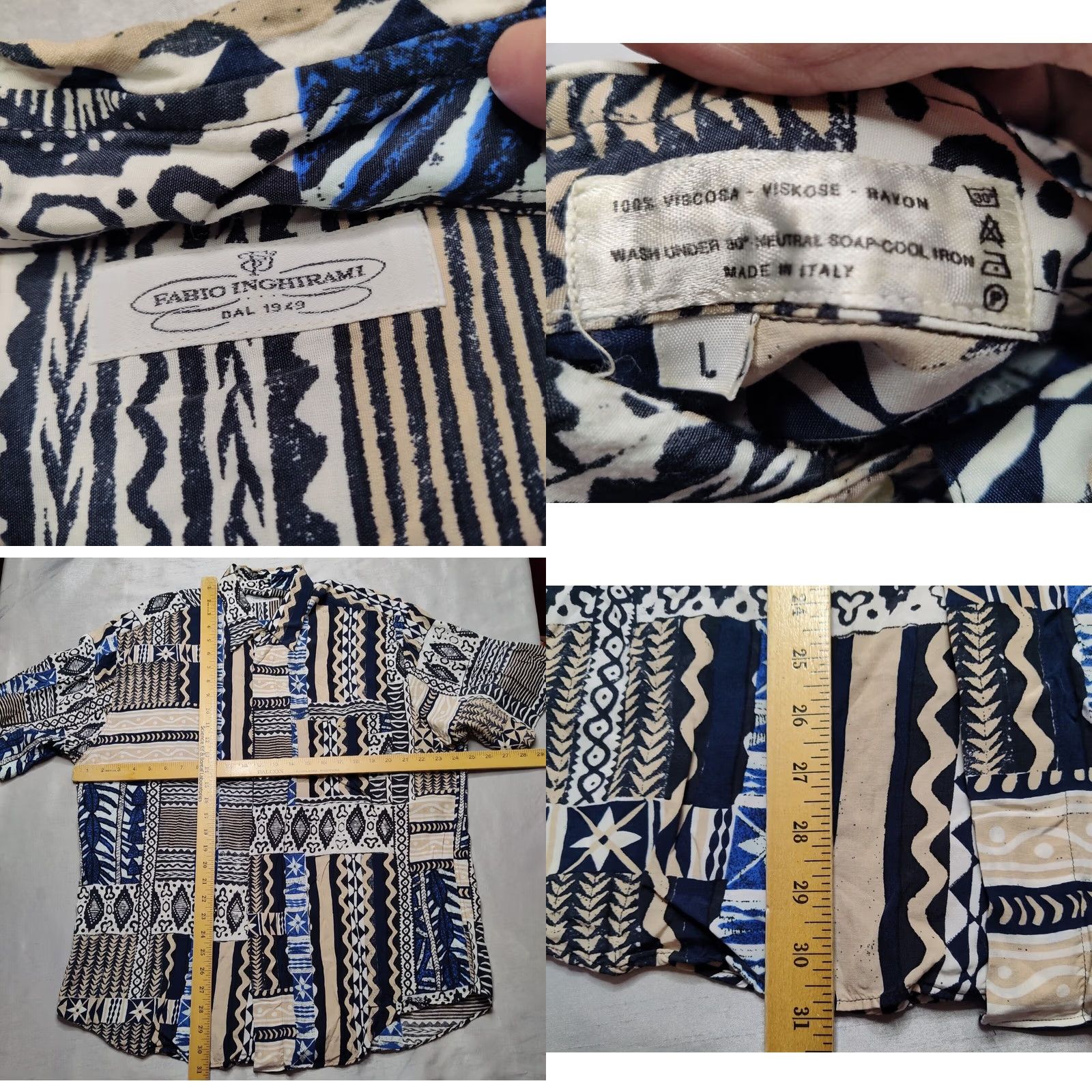 Vintage FABIO INGHIRAMI Men Large Blue Abstract 100% Viscose Camp Shirt Made In Italy Size US L / EU 52-54 / 3 - 8 Thumbnail