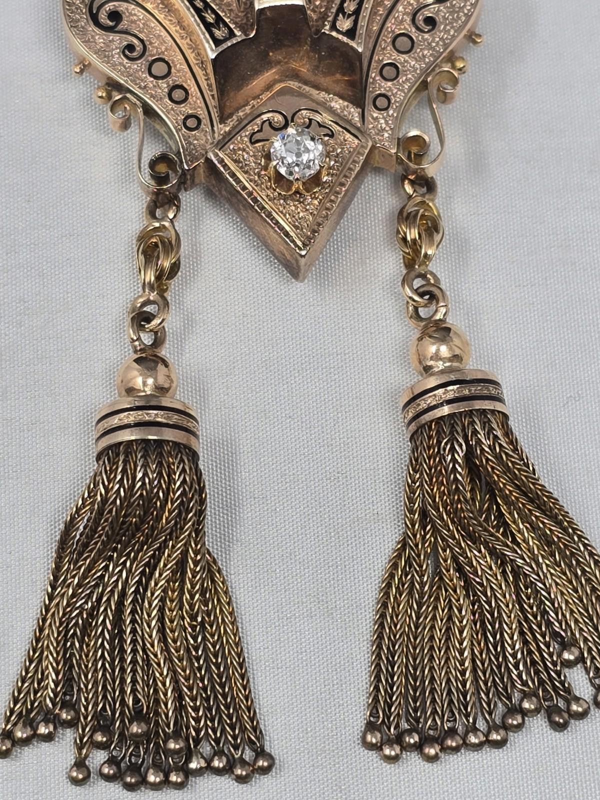 Antique Rivet Antique Victorian 14K Gold Diamond Tassel Brooch Pendant Size ONE SIZE - 3 Thumbnail